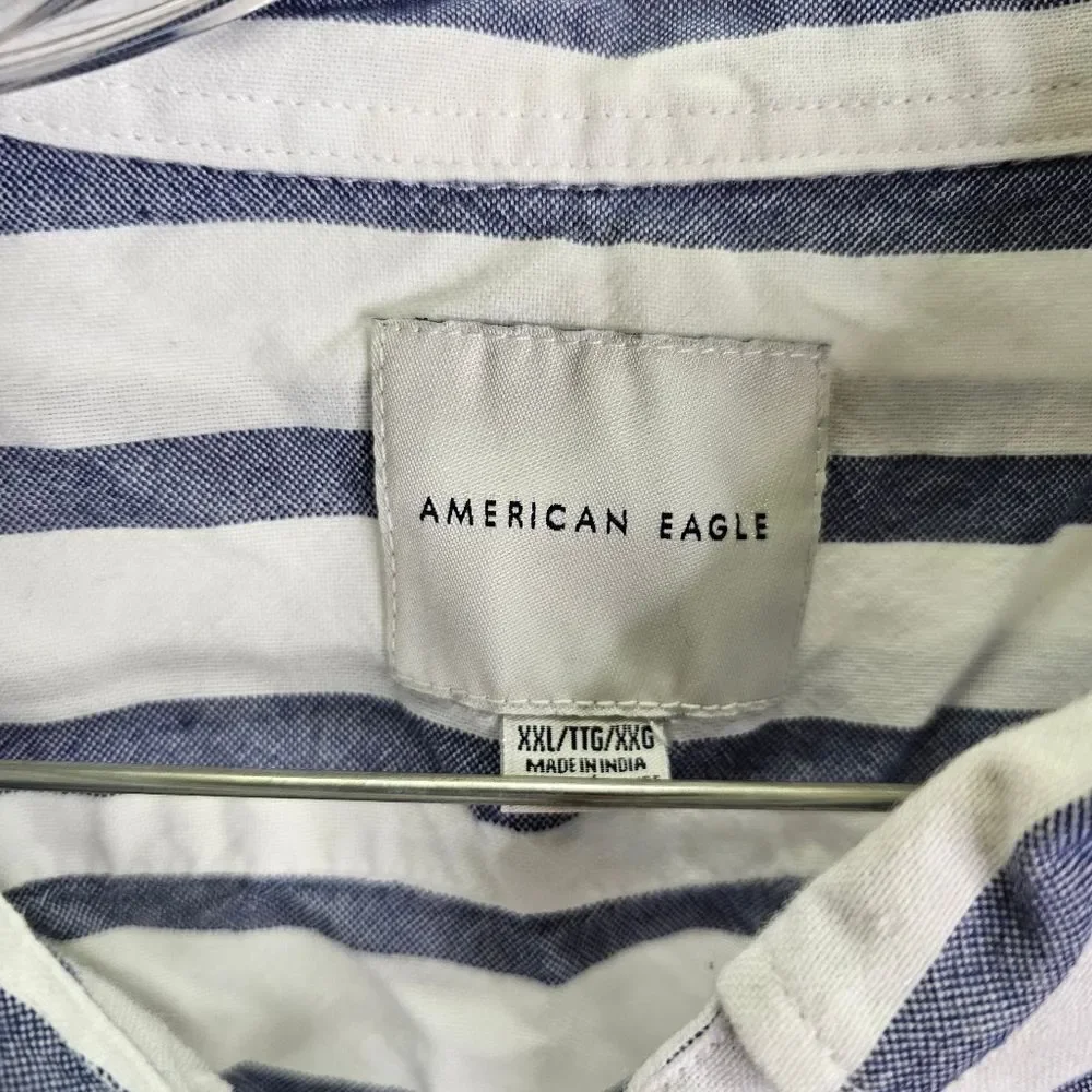 American Eagle Outfitters White and Blue Striped Cotton Button Down Shirt XXL